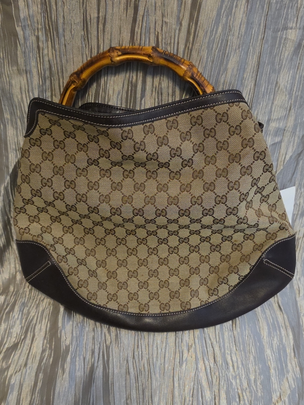 Gucci Beige GG Canvas Tote with Bamboo Handles and Dark Brown Trim